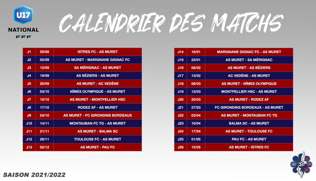 CALENDRIER U17 NATIONAUX AS Muret Football